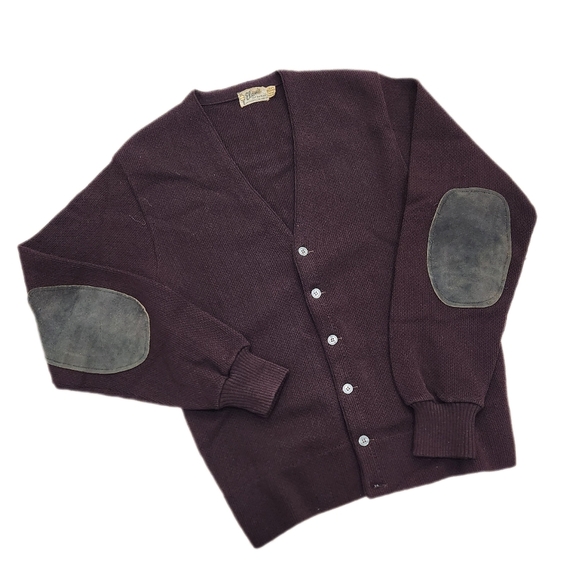 elams Other - VINTAGE CARDIGAN Suede Arm Patch SWEATER, Virgin Wool, Brown, Men's Small